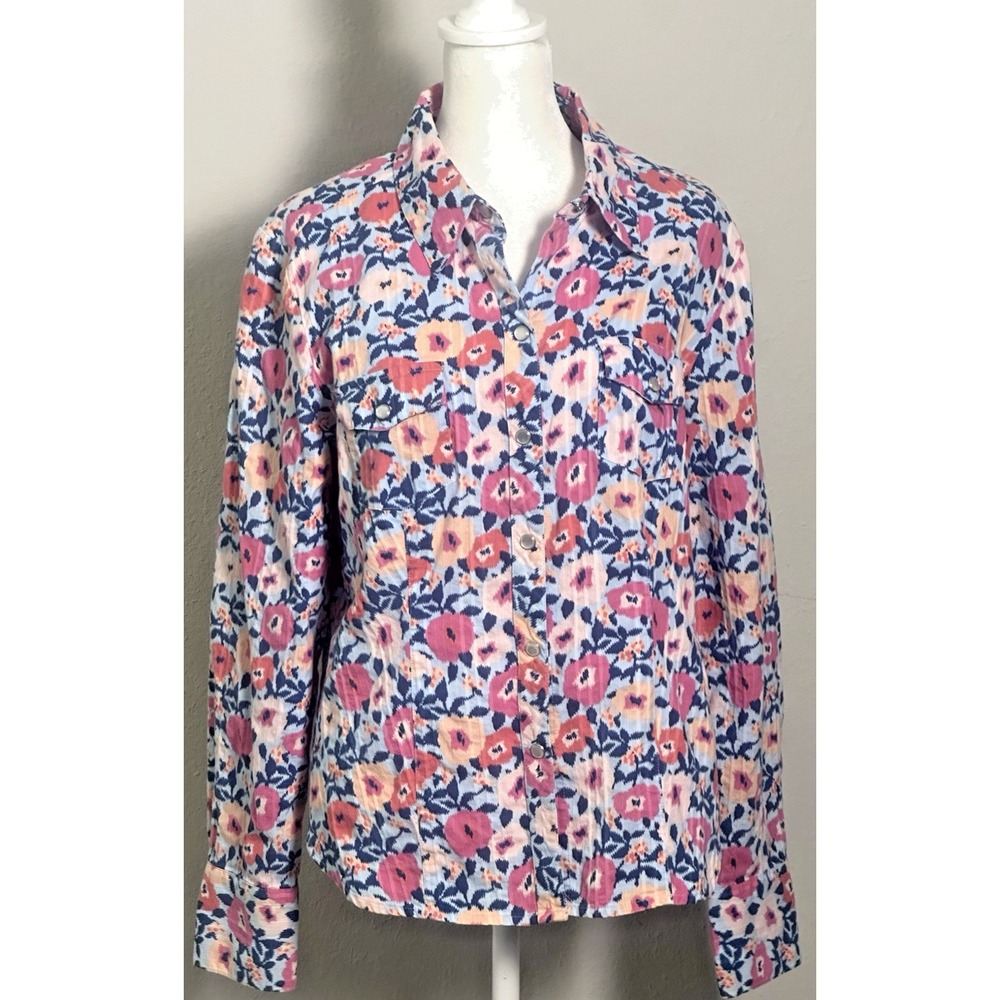 Villager Liz Claiborne Co. Women's Floral Blouse Size 14 Pearl Snap Buttons
